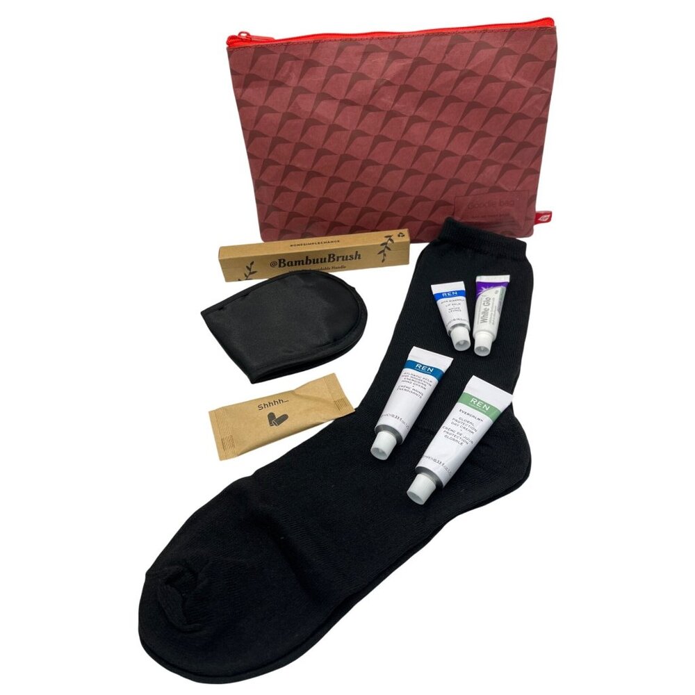 Travel Essentials Kit With REN Skincare Bamboo Toothbrush Socks & Red Pouch 70g